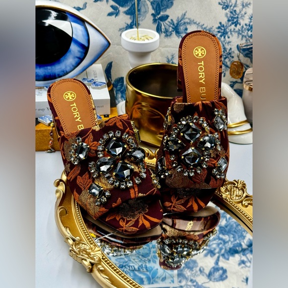 🆕 TORY BURCH 🧿NWOT Martine Jacquard Mid-Heel Slide, Burgundy Black Diamond Sz7 - Picture 11 of 16